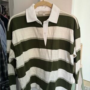 LOFT Olive Green & White Striped Rugby Polo